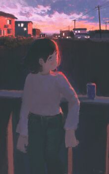 1girl arms_at_sides black_hair black_pants building can closed_mouth cloud cloudy_sky commentary drink_can evening expressionless feet_out_of_frame fjsmu highres long_sleeves looking_to_the_side original outdoors pants power_lines shirt short_hair sidelighting sky solo standing town turning_head utility_pole white_shirt