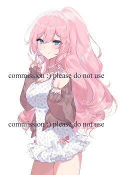 1girl blue_eyes blue_nails blush breasts brown_cardigan cardigan closed_mouth commentary cowboy_shot double-parted_bangs dress english_commentary fingernails hair_between_eyes hands_up highres jewelry kjo_(kjobutcool) large_breasts long_hair long_sleeves looking_at_viewer nail_polish necklace open_cardigan open_clothes original pearl_necklace pink_hair short_dress simple_background smile solo w watermark white_background white_dress