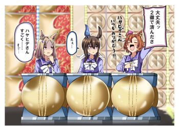 Rule 34 | 3girls, admire vega (umamusume), blonde hair, bow, brown hair, crown, ear ornament, komakasugite tsutawaranai monomane senshuken, medium hair, multiple girls, narita top road (umamusume), orange hair, purple sailor collar, purple shirt, sailor collar, school uniform, shaded face, shino (ponjiyuusu), shirt, short hair, small sweatdrop, t.m. opera o (umamusume), tracen school uniform, umamusume, white bow