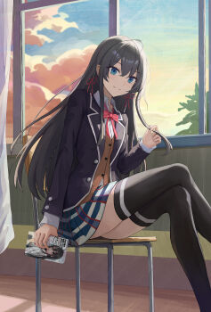 1girl absurdres ahoge black_hair blue_eyes blue_sky blush book breasts brown_cardigan cardigan cardigan_under_jacket closed_mouth crossed_legs desk hair_ribbon highres holding holding_book long_hair looking_at_viewer myfuiler on_desk plaid_clothes plaid_skirt red_ribbon ribbon school_desk school_uniform sitting skirt sky small_breasts smile sobu_high_school_uniform solo sunset thighs window winter_uniform yahari_ore_no_seishun_lovecome_wa_machigatteiru. yukinoshita_yukino