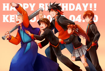 1girl 2018 4boys :d ahoge arm_up baseball_bat bell black_hair black_jacket black_pants black_socks blue_eyes blue_hakama blue_necktie brown_eyes brown_hair character_name clenched_hand closed_mouth commentary dated_commentary denim expressionless feet_out_of_frame fist_pump floating_hair from_side grey_hair grey_skirt grin hair_bell hair_ornament hair_ribbon hakama hand_in_pocket happy happy_birthday headband highres holding holding_baseball_bat inohara_masato jacket japanese_clothes jeans jingle_bell jitome kneehighs letterman_jacket little_busters! little_busters!_school_uniform long_hair long_sleeves male_focus miniskirt miyazawa_kengo multiple_boys naoe_riki natsume_kyousuke natsume_rin necktie open_clothes open_jacket open_mouth pants pink_background plaid_clothes plaid_skirt pleated_skirt ponytail profile rakka red_headband red_shirt ribbon school_uniform shirt short_hair sidelocks simple_background skirt smile socks spiked_hair standing straight_hair teeth upper_teeth_only v-shaped_eyebrows walking white_ribbon