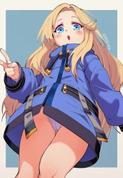 1girl ai-assisted blonde_hair blue_background blue_eyes blue_jacket blush_stickers cameltoe chibicheeks coat diana_(pragmata) from_below jacket loli long_hair long_sleeves looking_at_viewer open_mouth panties pantyshot pragmata solo thighs underwear v white_panties