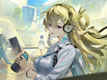 1girl black_nails blonde_hair breasts cellphone commentary earrings fingernails hair_between_eyes headphones highres holding holding_phone holding_spray_can jewelry koharu1807 long_hair looking_at_viewer lynae_(wuthering_waves) medium_breasts nail_polish open_mouth people phone purple_eyes shirt smartphone smile solo_focus spray_can star_(symbol) star_earrings white_shirt wuthering_waves
