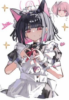 2girls absurdres alternate_costume animal_ears apron black_choker black_dress black_hair blue_archive blush cat_ears chibi chibi_inset choker closed_mouth colored_inner_hair commentary_request dress enmaided extra_ears halo heart heart_hands highres kazusa_(blue_archive) looking_at_viewer maid maid_apron maid_headdress multicolored_hair multiple_girls pink_eyes pink_hair pink_halo puffy_short_sleeves puffy_sleeves short_hair short_sleeves simple_background solo_focus sparkle white_apron white_background wrdij5w0rg31830