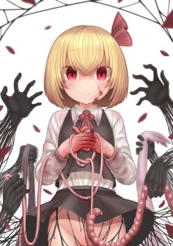 1girl black_skirt black_vest blonde_hair blood blood_on_face blood_on_hands blush bow closed_mouth commentary_request cowboy_shot darkness empty_eyes entrails ero_guro fingernails guro hair_bow harunoha heart_(organ) highres holding holding_heart_(organ) intestines long_sleeves looking_at_viewer no_panties organs pussy red_bow red_eyes rumia severed_arm severed_limb shirt short_hair skirt skirt_set slit_pupils smile solo touhou vest white_background white_shirt