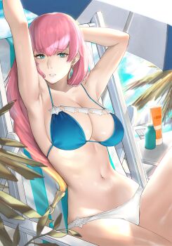 1girl armpits arms_up beach_chair beach_umbrella bikini blonde_hair blue_eyes breasts cleavage collarbone day earrings female_focus fire_emblem fire_emblem_heroes gradient_hair gunnthra_(fire_emblem) gunnthra_(summer)_(fire_emblem) hair_ornament highres j@ck jewelry large_breasts lips looking_at_viewer medium_breasts multicolored_hair navel nintendo outdoors palm_leaf parted_lips pink_hair shiny_skin simple_background sitting solo stomach striped swimsuit umbrella vertical_stripes