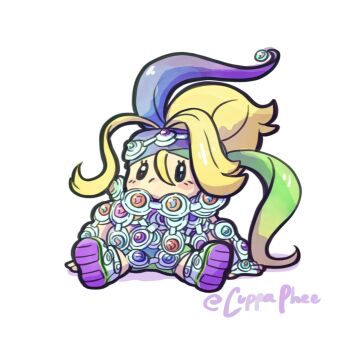 1girl blonde_hair blue_eyes blush chibi chibi_only cuppaphee full_body green_hair hair_between_eyes highres korrina_(pokemon) long_hair looking_at_viewer mega_stone multicolored_hair nintendo pokemon pokemon_legends:_z-a purple_eyes shoes shorts sitting solo too_many