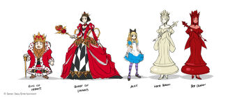 1boy 4girls alice_(alice_in_wonderland) alice&#039;s_adventures_in_wonderland apron beard black_bow black_footwear black_hair blonde_hair blue_dress blue_eyes bow breasts character_name cleavage coat colored_skin commentary copyright_notice crown dress english_commentary facial_hair gunshiprevolution hair_bow height_difference king king_of_hearts_(alice_in_wonderland) kriss_sison large_breasts long_hair multiple_girls pantyhose purple_pantyhose queen_of_hearts_(alice_in_wonderland) red_coat red_dress red_hair red_queen red_skin shoes simple_background staff white_apron white_background white_dress white_hair white_queen white_skin