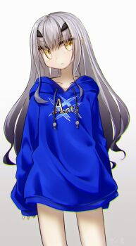 1girl arts_shirt blue_sweater breasts drawstring fate/grand_order fate_(series) forked_eyebrows grey_hair highres hood hooded_sweater long_hair long_sleeves looking_at_viewer melusine_(fate) sidelocks small_breasts solo sweater thighs yellow_eyes yubeshi_(zecxl)