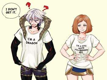 1boy 1girl ? absurdres alternate_costume blue_eyes breasts brown_hair claws confused dragon_horns dragons_fucking_cars_(meme) english_text extra_eyes female_kiran_(fire_emblem) female_kiran_(fire_emblem)_(evomanaphy) fire_emblem fire_emblem_awakening fire_emblem_heroes freckles hands_on_own_hips highres horns jewelry kiran_(fire_emblem) looking_at_another male_robin_(fire_emblem) male_robin_(grima)_(fire_emblem) male_robin_(grima)_(tyrant_of_ruin)_(fire_emblem) medium_breasts medium_hair meme nintendo red_eyes ring rs40uchiha shirt smile smug speech_bubble wedding_ring white_hair white_shirt