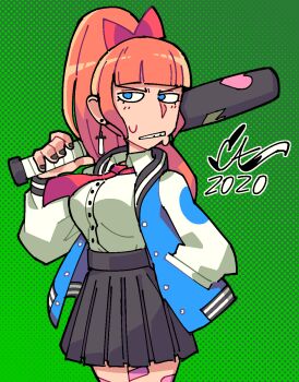 1girl bandaid bandaid_on_leg baseball_bat black_nails black_skirt blue_eyes blue_jacket blunt_bangs bow breasts caliginousarts carrying_over_shoulder clenched_teeth collared_shirt commentary cowboy_shot delinquent fingernails full_body green_background hair_bow hand_in_pocket highres holding holding_baseball_bat jacket kunio-kun_series kyoko_(kunio-kun) letterman_jacket long_sleeves looking_at_viewer nail_polish necktie orange_hair pleated_skirt ponytail red_bow red_necktie river_city_girls school_uniform shirt skirt solo sword_earrings teeth v-shaped_eyebrows white_shirt white_sleeves