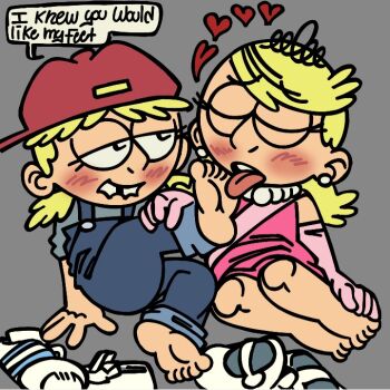 2girls barefoot blonde_hair blue_overalls blush collar commentary crown dress earrings elbow_gloves english_commentary english_text feet feet_up gloves grey_background hat heart incest jewelry kodomo_doushi lana_loud licking licking_foot light-skinned_soles lola_loud loli multiple_girls non-web_source overalls pink_dress pink_gloves red_hat shoes siblings simple_background sisters soles sphere_earrings the_loud_house twincest twins upper_body white_shoes yuri