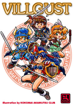 2boys 2girls arm_up armor arrow_(projectile) artist_name belt bikini_armor black_boots black_gloves black_pants black_shirt black_socks blonde_hair blue_armor blue_eyes blue_hair blue_pants blue_shirt boots bow_(weapon) breastplate brown_belt brown_boots brown_eyes brown_hair chibi chris_(villgust) circle_name circlet collar commentary_request copyright_name dress elbow_gloves fake_horns fanna_(villgust) faulds feather_hair_ornament feathers fingerless_gloves flying_sweatdrops gloves green_dress green_eyes green_shirt grin hair_between_eyes hair_ornament headpiece helmet hexagram highres holding holding_bow_(weapon) holding_shield holding_sword holding_weapon horned_helmet horns kneehighs kokomahi kouryuu_densetsu_villgust kui_(villgust) long_hair looking_at_viewer low-tied_long_hair medium_hair multiple_boys multiple_girls open_mouth orange_eyes pants quiver shield shirt short_hair shoulder_armor sleeveless sleeveless_shirt smile socks sword weapon youta_(villgust)