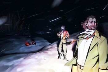 3boys belt black_hair blazer boots brown_hair buzz_cut collared_shirt disco_elysium facial_hair full_body glasses gloves glowing green_jacket harry_du_bois hashtag-only_commentary heart-shaped_lock highres horrific_necktie jacket kim_kitsuragi looking_at_another looking_back looking_to_the_side male_focus mullet multiple_boys mutton_chops night orange_gloves orange_jacket outdoors rubber_gloves serious shirt shirt_tucked_in short_hair snow snowing standing the_deserter_(disco_elysium) uni_barti very_short_hair white_shirt wind wind_lift yellow_gloves