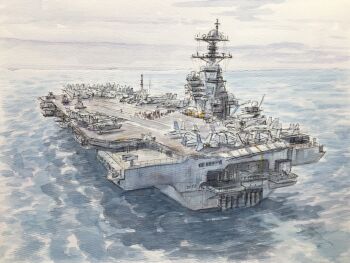 aircraft aircraft_carrier airplane atelier_bono blue_sky cloud cloudy_sky commentary_request f-18_hornet f-35_lightning_ii fighter_jet highres mast military_vehicle no_humans ocean original outdoors painting_(medium) ship sky traditional_media united_states_navy uss_gerald_r_ford_(cvn-78) vehicle_focus warship watercolor_(medium) watercraft waves