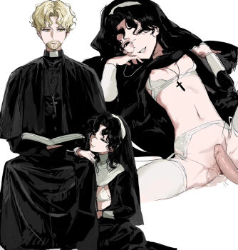 1boy 1girl adam_(lord_of_the_mysteries) amon_(lord_of_the_mysteries) black_capelet black_dress black_eyes black_hair black_robe black_robes black_tunic black_veil blonde_hair bra breasts capelet chinese_commentary clerical_collar closed_mouth commentary_request cross cross_necklace dress facial_hair garter_belt genderswap genderswap_(mtf) hetero incest jewelry kikinotamai latin_cross long_dress long_hair long_sleeves looking_at_viewer lord_of_the_mysteries monocle necklace nipples nun open_mouth parted_bangs priest robe simple_background sitting small_breasts smile thighhighs traditional_nun tunic twintails uncensored underwear veil wavy_hair white_background white_bra white_thighhighs yellow_eyes