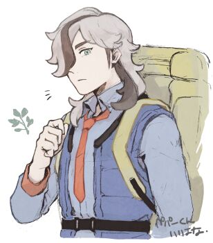 1boy arm_up arven_(pokemon) backpack bag belt black_belt blue_jacket brown_hair closed_mouth collared_shirt commentary_request cropped_legs frown grey_shirt highres jacket long_hair long_sleeves male_focus multicolored_hair necktie nintendo notice_lines open_clothes open_collar open_jacket parted_bangs pokemon pokemon_scarlet_and_violet red_necktie seikoo_caffeine shirt sideburns sleeveless sleeveless_jacket solo streaked_hair translation_request wing_collar yellow_bag
