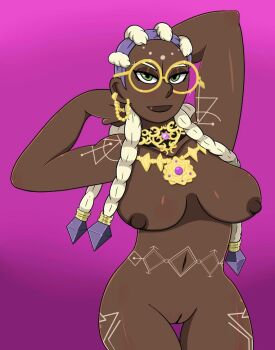 1girl bodypaint braid braided_ponytail breasts curvy dark-skinned_female dark_skin dolores_(kof) dope_is_nukat dopeisnukat earrings female_focus glasses gold huge_breasts jewelry large_breasts long_hair looking_at_viewer multicolored_hair nipples no_panties nukat_is_dope nukatisdope purple_hair pussy round_eyewear standing the_king_of_fighters thick_thighs thighs two-tone_hair white_hair wide_hips
