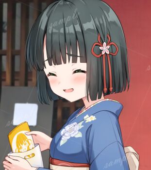 Rule 34 | 1girl, :d, ^ ^, bag, black hair, blue kimono, blunt bangs, blunt ends, blurry, blurry background, blush, bob cut, character print, closed eyes, commentary request, floral print, floral print kimono, hanazora satsuki, hinoshita kaho, holding, holding bag, japanese clothes, kimono, link! like! love live!, love live!, momose ginko, momose ginko (summer casual), obi, obiage, open mouth, outdoors, print kimono, raised inner eyebrows, sample watermark, sash, short hair, smile, solo, upper body, virtual youtuber, watermark, watermark grid