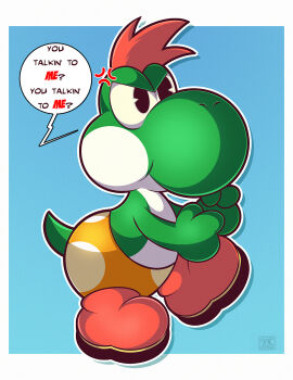 anger_vein black_eyes blue_background border english_text fighting_stance full_body highres mario_(series) mini-yoshi nintendo no_humans orange_shoes outline paper_mario paper_mario:_the_thousand-year_door red_hair shoes solo speech_bubble white_border white_outline woofzilla yoshi