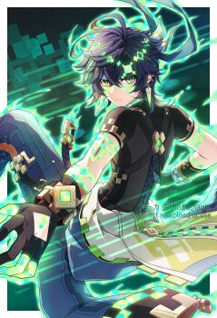 1boy ahoge black_gloves black_hair black_shirt blue_pants border clothes_around_waist commentary_request earrings feet_out_of_frame frown genshin_impact gloves green_background green_eyes green_headband headband highres jacket jacket_around_waist jewelry kinich_(genshin_impact) knee_up looking_at_viewer magic male_focus nightsoul_blessing_state outline pants partially_fingerless_gloves shirt short_hair short_sleeves solo thistle_lapis watermark