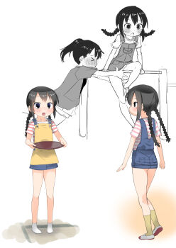 &gt;_&lt; 2girls apron black_hair blush braid brown_apron brown_socks character_request closed_eyes convenient_censoring holding holding_tray horizontal_bar loli low_twintails mitsudomoe_(manga) mole mole_under_eye multiple_girls multiple_views nose_blush ogata_airi overall_skirt ponytail profile shirt shoe_soles shoes short_sleeves simple_background socks striped_clothes striped_shirt tray twin_braids twintails uwabaki white_background white_footwear white_socks yone_kinji