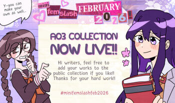 Rule 34 | 2girls, alt text, announcement, archive of our own, blush, book, braid, closed mouth, collared shirt, commentary, danganronpa: trigger happy havoc, danganronpa (series), doki doki literature club, doki doki literature club school uniform, dot nose, english commentary, english text, eyelashes, fanfiction available, fukawa toko, glasses, grey jacket, hair between eyes, hair ornament, hairclip, hashtag, heart, holding, holding book, jacket, long hair, long sleeves, ministarfruit, multiple girls, neck ribbon, neckerchief, open clothes, open jacket, orange sweater vest, purple eyes, purple hair, purple shirt, red neckerchief, red ribbon, ribbon, round eyewear, sailor collar, school uniform, shirt, smile, speech bubble, sweater vest, twin braids, twintails, white sailor collar, white shirt, yuri (doki doki literature club)