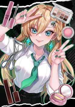 Rule 34 | 1girl, absurdres, aqua eyes, aqua necktie, black skirt, blonde hair, closed mouth, collarbone, collared shirt, commentary request, cosmetics, double v, earrings, eyelash curler, fingernails, green nails, hair between eyes, hair ornament, hands up, highres, jewelry, kamataloveka, lipstick tube, long fingernails, long hair, looking at viewer, lynae (wuthering waves), makeup palette, nail polish, necktie, partial commentary, shirt, shirt tucked in, skirt, skull hair ornament, smile, solo, star (symbol), star earrings, v, white shirt, wuthering waves