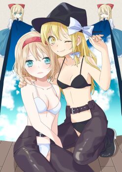 4girls alice_margatroid alternate_costume alternate_headwear bikini black_bikini black_boots black_hat blonde_hair blue_eyes blush boots bow braid breasts brown_pants cleavage closed_mouth collarbone commentary_request commission crotchless crotchless_pants doll embarrassed hairband hand_on_another's_shoulder hat hat_bow kirisame_marisa long_hair looking_at_viewer medium_breasts medium_hair multiple_girls one_eye_closed pants red_hairband shanghai_doll side_braid single_braid skeb_commission smile swimsuit touhou tsuno_no_hito white_bikini white_bow yellow_eyes