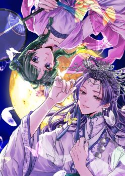 Rule 34 | 1boy, 1girl, blue eyes, bug, butterfly, chinese commentary, chocomint 726, circlet, commentary request, double bun, dress, full moon, grey hair, hair bun, hair over shoulder, half updo, hand fan, hand on own chest, headdress, highres, holding, holding fan, insect, jinshi (kusuriya no hitorigoto), kusuriya no hitorigoto, light smile, long hair, maomao (kusuriya no hitorigoto), moon, parted bangs, parted lips, pink dress, pink eyes, purple hair, robe, sidelocks, twintails, upper body, white robe