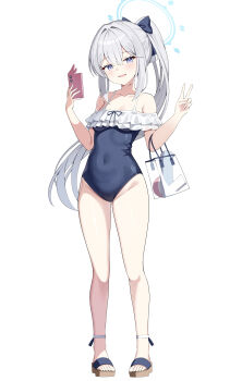 1girl absurdres blue_archive blue_halo blue_one-piece_swimsuit covered_navel full_body grey_hair halo highres long_hair looking_at_viewer miyako_(blue_archive) miyako_(swimsuit)_(blue_archive) one-piece_swimsuit ponytail simple_background sob_(submar1089) solo standing swimsuit v white_background