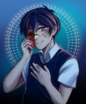 1boy absurdres antenna_hair black_eyes black_hair black_sweater_vest blood blood_on_face blood_on_hands blush collared_shirt commentary double-parted_bangs english_commentary hair_between_eyes highres looking_at_viewer male_focus mikhamii omori parted_lips shirt short_hair short_sleeves smile solo spoilers sunny_(omori) sweater_vest upper_body white_shirt