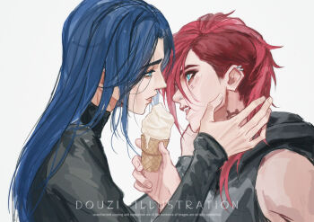 2girls arcane:_league_of_legends arcane_caitlyn arcane_vi blue_eyes blue_hair caitlyn_(league_of_legends) chinese_commentary commentary_request dress ear_piercing eating eye_contact face_piercing facial_tattoo food from_side hand_on_another&#039;s_neck holding holding_ice_cream_cone ice_cream ice_cream_cone league_of_legends looking_at_another multiple_girls neck_tattoo nose_piercing number_tattoo open_mouth piercing red_hair rennerdouz roman_numeral shared_food simple_background sleeveless sleeveless_dress tattoo upper_body vi_(league_of_legends) white_background yuri