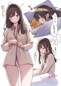 1girl amagi_shino blush bra breasts brown_hair closed_eyes closed_mouth commentary_request highres holding holding_stuffed_toy hugging_doll hugging_object long_hair long_sleeves lying no_pants on_side original pajamas panties pillow purple_eyes receptionist_girl_(amagi_shino) shirt sleeping stuffed_animal stuffed_toy under_covers underwear white_panties zzz