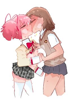 2girls artiction blush brown_eyes brown_hair crossover flat_chest from_side kaname_madoka kiss mahou_shoujo_madoka_magica misaka_mikoto multiple_girls nipples pink_eyes pink_hair school_uniform short_hair simple_background steam sweat thighs toaru_kagaku_no_railgun toaru_majutsu_no_index white_background yuri