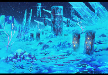 apokarihardcore bare_tree blue_theme commentary_request fantasy letterboxed night no_humans original outdoors scenery sky star_(sky) starry_sky tree