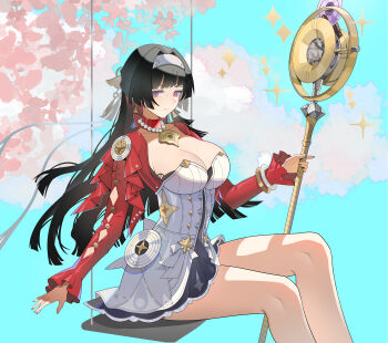 1girl absurdres astra_yao bare_legs black_hair blue_background breasts closed_mouth commentary dress earrings feet_out_of_frame hairband highres holding holding_microphone jacket jewelry large_breasts legs long_hair looking_at_viewer microphone necklace neitianzhenli35809 on_swing red_eyes red_jacket sitting smile solo strapless strapless_dress swing symbol-only_commentary white_dress white_hairband zenless_zone_zero