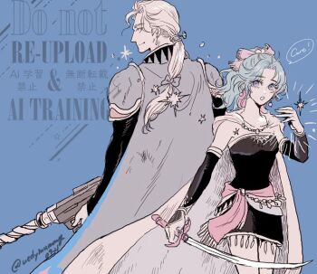 Rule 34 | 1boy, 1girl, armor, back-to-back, blonde hair, blue background, breasts, cape, casting spell, closed mouth, commentary request, cowboy shot, detached sleeves, dress, earrings, edgar roni figaro, english text, final fantasy, final fantasy vi, green hair, hair ribbon, healing, holding, holding sword, holding weapon, jewelry, long hair, low ponytail, medium breasts, multi-tied hair, parted lips, ponytail, purple eyes, ribbon, sash, short dress, shoulder armor, smile, strapless, strapless dress, sword, tina branford, tube dress, twitter username, uedymummy0921, waist sash, weapon