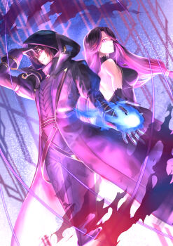 Rule 34 | 1boy, 1girl, absurdres, aurora (kagejitsu), black coat, black dress, black gloves, black hair, black pants, breasts, cid kagenou, cid kagenou (shadow), coat, dress, gloves, highres, hood, hood up, kage no jitsuryokusha ni naritakute!, large breasts, long hair, looking at viewer, pants, purple eyes, purple hair, qdx4p, red eyes, short hair, smile, tagme, very long hair