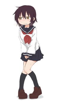1girl between_legs black_socks blue_sailor_collar blue_skirt blush breath brown_eyes brown_hair brown_shoes clenched_teeth embarrassed female_focus flat_chest full_body half-closed_eyes halo hand_between_legs have_to_pee heel_up kneehighs knees_together_feet_apart kude_rei_(ponnu_(tnpn2yw)) large_variant_set long_sleeves looking_to_the_side miniskirt neckerchief nervous nose_blush original own_hands_together pigeon-toed pleated_skirt ponnu_(tnpn2yw) red_neckerchief sailor_collar school_uniform serafuku shirt shoes short_hair sidelocks sideways_glance simple_background skirt socks solo standing sweat teeth v_arms variant_set white_background white_shirt