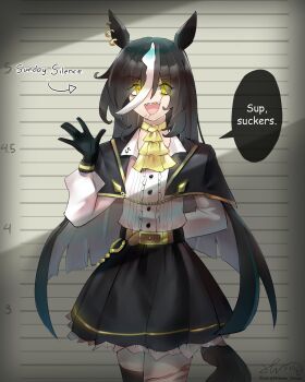 absurdres animal_ears black_hair commentary ear_tag english_commentary highres horse_ears horse_girl long_bangs mikairu_heven necktie original personification real_life sharp_teeth smile sunday_silence_(racehorse) talking teeth umamusume white_hair yellow_eyes yellow_necktie