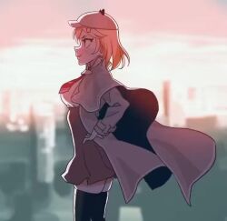 1girl animated blinking blonde_hair blurry blurry_background breasts closed_mouth hololive hololive_english lowres medium_breasts necktie outdoors short_hair smile solo standing thighhighs thighs video virtual_youtuber watson_amelia wind zedd_(zedgawr)