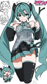>_< 0_onibi 1girl ahoge aqua_eyes aqua_hair aqua_necktie bare_shoulders black_boots black_skirt boots character_name chibi chibi_inset detached_sleeves food glitch grey_shirt hatsune_miku highres holding holding_food holding_spring_onion holding_vegetable long_hair looking_at_viewer miniskirt multiple_views necktie partially_colored pleated_skirt shirt shoulder_tattoo signature simple_background skirt sleeveless sleeveless_shirt spring_onion sweatdrop tattoo thigh_boots thighhighs thighs twitter_username vegetable very_long_hair vocaloid white_background zettai_ryouiki