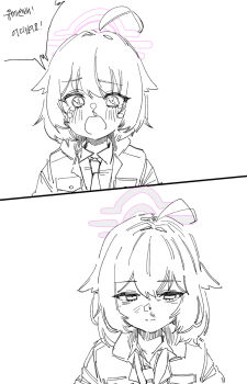 ahoge crying half-closed_eyes halo highres hoshino_(blue_archive) korean_text necktie partially_colored speech_bubble split_screen