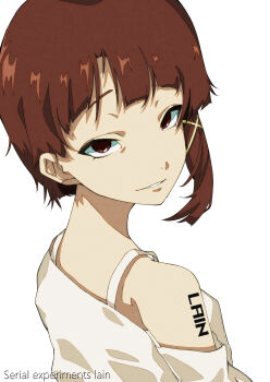 1girl absurdres brown_eyes brown_hair character_name hair_ornament highres iwakura_lain looking_at_viewer okitya portrait serial_experiments_lain short_hair smile solo white_background x_hair_ornament