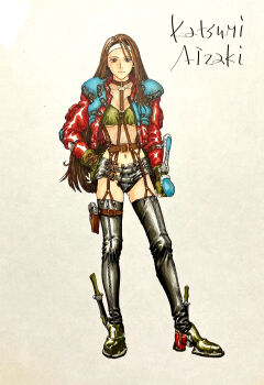 1990s_(style) 1girl aizaki_katsumi black_thighhighs breasts brown_hair closed_mouth colorized fingerless_gloves full_body giten_megami_tensei:_tokyo_mokushiroku gloves gluteal_fold gun headband highres holster long_hair looking_at_viewer megami_tensei navel o-ring official_art retro_artstyle shin_megami_tensei simple_background smile solo thigh_holster thighhighs underboob weapon white_background white_headband zipper_pull_tab