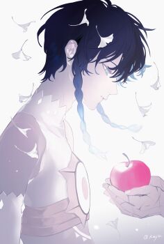 1boy 1other absurdres androgynous apple aqua_eyes bare_shoulders black_hair blue_hair braid chinese_commentary closed_mouth crop_top detached_sleeves falling_leaves food from_side fruit genshin_impact ginkgo_leaf gradient_hair hair_ornament highres holding holding_food holding_fruit kayu_(yukagoin) leaf looking_down male_focus midriff multicolored_hair official_alternate_costume parted_lips profile scar scar_on_hand shirt short_hair_with_long_locks sidelocks simple_background sleeveless sleeveless_shirt solo_focus tattoo twin_braids twitter_username upper_body venti_(archon)_(genshin_impact) venti_(genshin_impact) white_background white_shirt white_sleeves