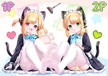 2girls :d absurdres animal_ear_headphones animal_ears apron black_dress black_tail blonde_hair blue_archive blue_ribbon blush borrowed_clothes bow broom cat_ear_headphones cat_ears cat_tail chinese_commentary collared_dress commentary_request contrast_collar dress fake_animal_ears fake_tail feet frilled_apron frilled_dress frills full_body garter_straps green_bow green_eyes green_halo green_panties hair_bow halo hand_on_own_knee headphones heart highres knees_up long_sleeves looking_at_viewer maid maid_apron maid_headdress medium_hair midori_(blue_archive) midori_(maid)_(blue_archive) momoi_(blue_archive) momoi_(maid)_(blue_archive) multiple_girls neck_ribbon no_shoes number_print official_alternate_costume official_alternate_hairstyle open_mouth panties panties_under_pantyhose pantyhose parted_bangs parted_lips paw_print paw_print_background pink_eyes pink_halo pink_panties red_bow ribbon siblings sidelocks sisters sitting smile soles star_(symbol) striped_clothes striped_panties tail thighband_pantyhose thighhighs twins twintails underwear urotsuki_(uro30) v-shaped_eyebrows white_apron white_background white_garter_straps white_headdress white_pantyhose white_thighhighs