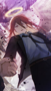 Rule 34 | 2boys, absurdres, angel devil (chainsaw man), angel wings, belt, black jacket, black necktie, black pants, black suit, brown belt, chainsaw man, debris, formal clothes, grabbing another's hand, grey shirt, hair between eyes, halo, hayakawa aki, highres, jacket, long hair, male focus, multiple boys, necktie, open mouth, pants, red eyes, red hair, shirt, shirt tucked in, suit, suit jacket, traditional halo, tukiyonominicat, white wings, wings