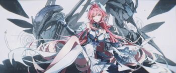 Rule 34 | 1girl, absurdres, aemeath (wuthering waves), bare shoulders, boots, breasts, cleavage, covered navel, elbow gloves, exostrider (wuthering waves), floating hair, gloves, hair ornament, hashtag-only commentary, highres, kago (wall io), knees up, leotard, long hair, looking at viewer, orange eyes, parted lips, single boot, smile, star-shaped pupils, star (symbol), symbol-shaped pupils, tacet mark (wuthering waves), thigh boots, very long hair, white boots, white gloves, white leotard, wuthering waves